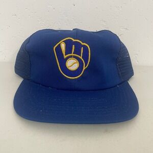 VTG T.E.I. Milwaukee Brewers Ball Glove Logo Mesh Trucker Snapback Hat Cap Mens